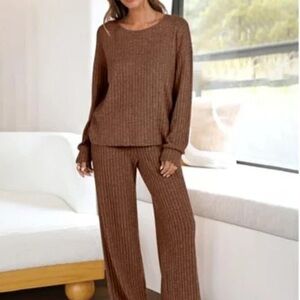 WIHOLL Women’s 2 Piece Coffee Long-Sleeve Ribbed Knit Lounge Pajamas M NWOT